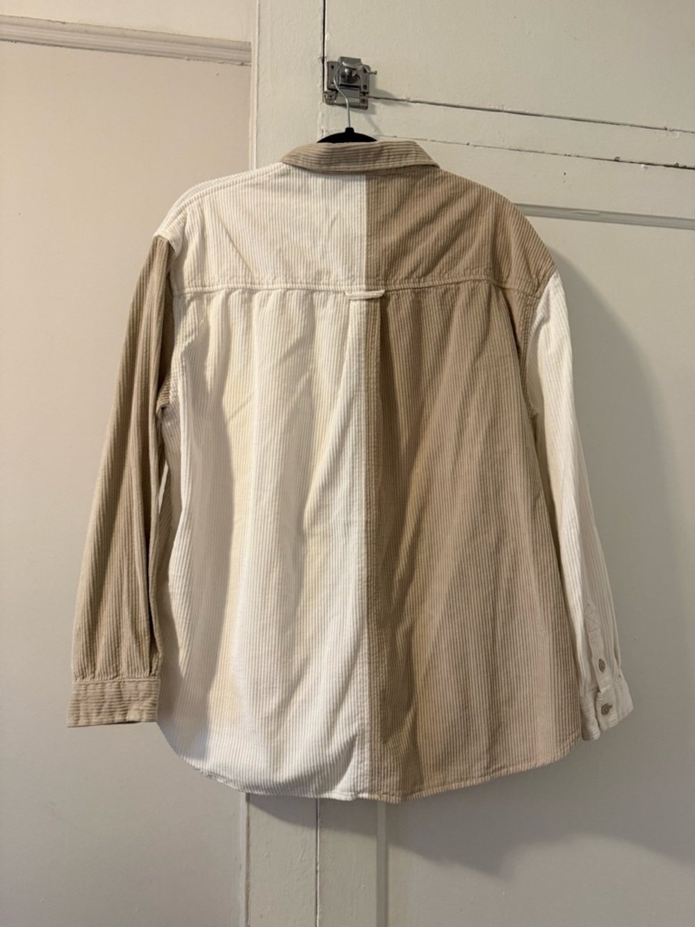 American Eagle Two-Tone Corduroy Button-Up Shirt in Beige and White - Picture 3 of 5